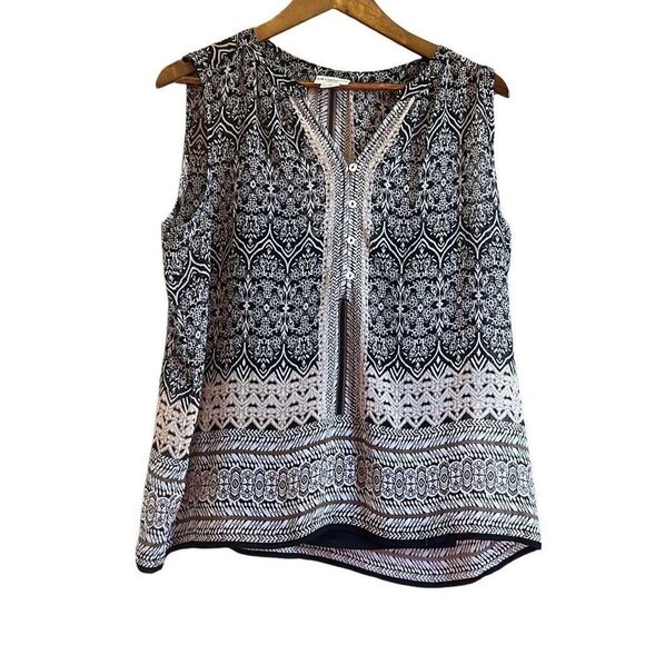 Sleeveless Blouse Black White Patterned Semi Sheer Top - Picture 1 of 5